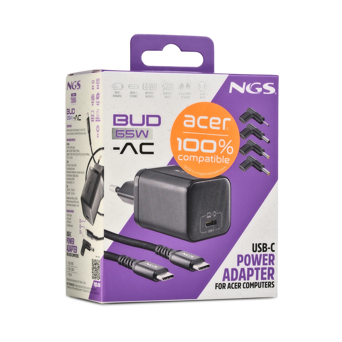 Pack de cargador de pared NGS GAN65W-C + cable USB-C + 5 clavijas para portátiles Acer Negro-8