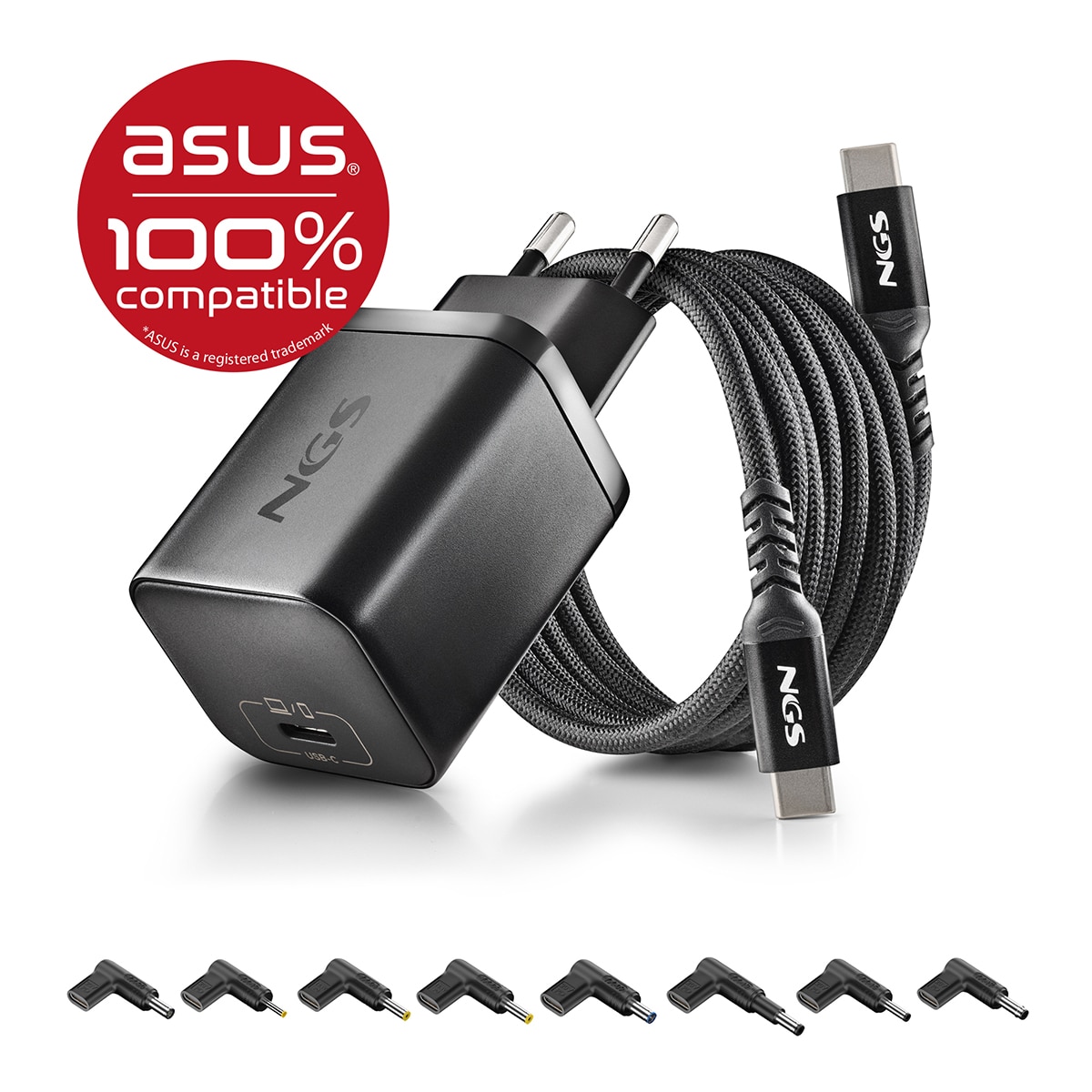 Pack de cargador de pared NGS GAN65W-C + cable USB-C + 5 clavijas para portátiles Asus Negro-2