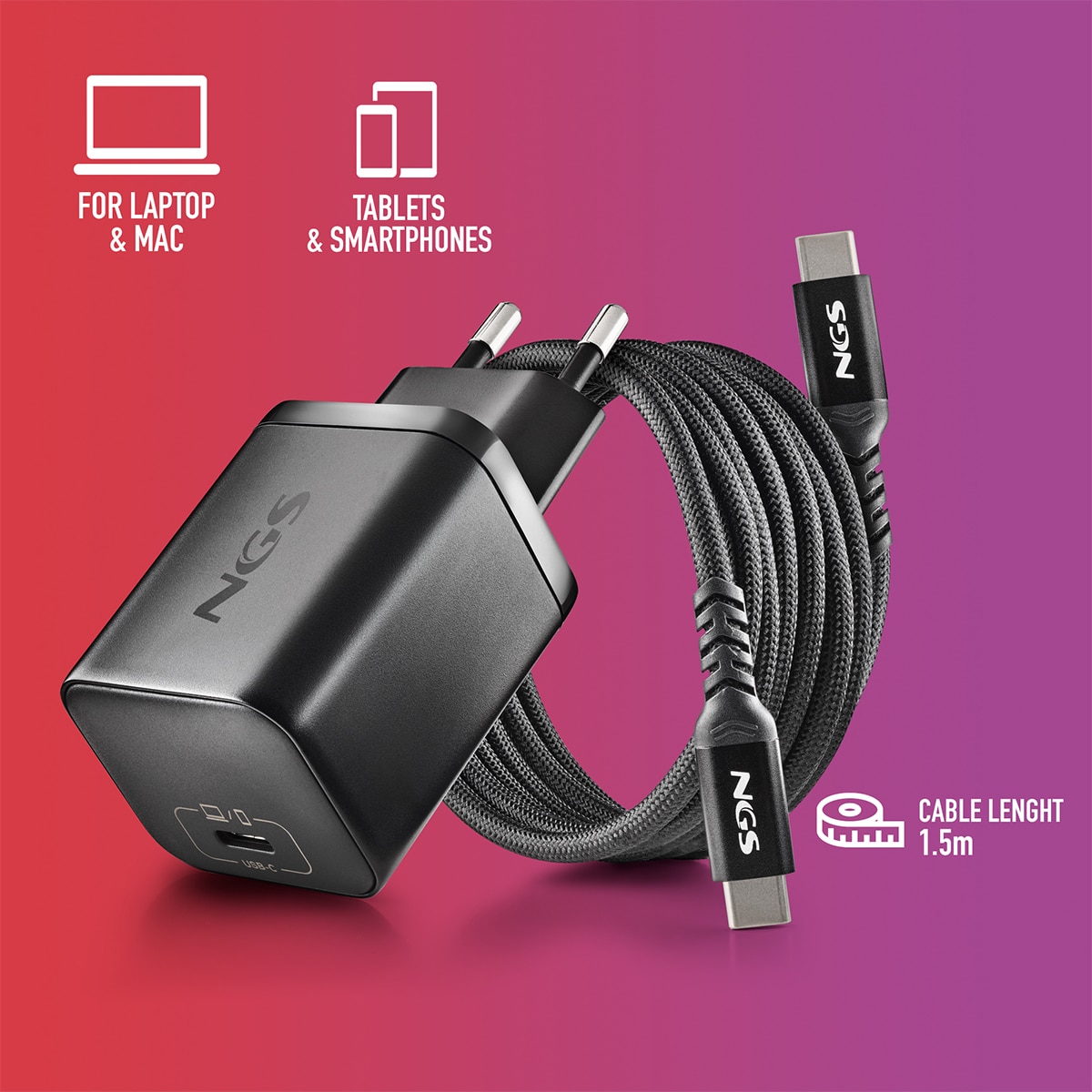 Pack de cargador de pared NGS GAN65W-C + cable USB-C + 5 clavijas para portátiles Asus Negro-3