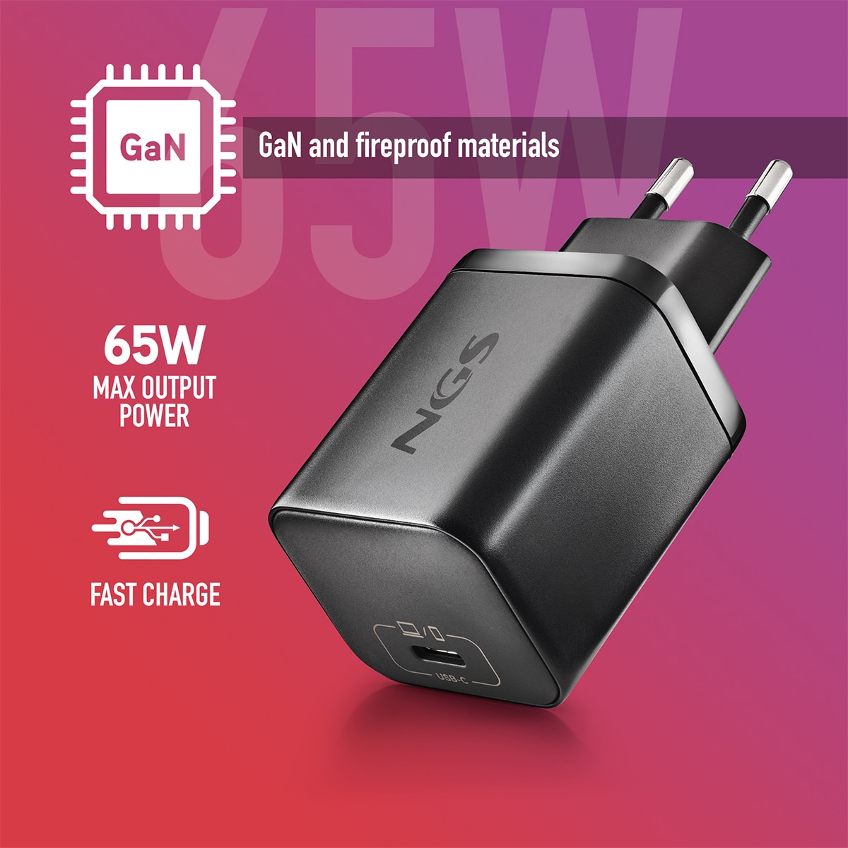 Pack de cargador de pared NGS GAN65W-C + cable USB-C + 5 clavijas para portátiles Asus Negro-4