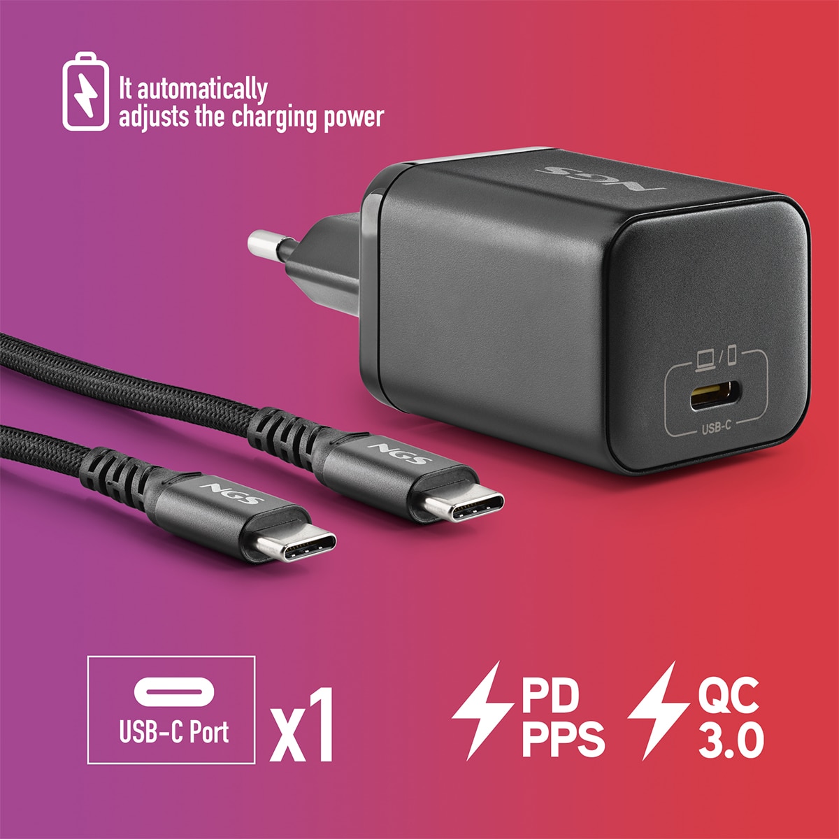 Pack de cargador de pared NGS GAN65W-C + cable USB-C + 5 clavijas para portátiles Asus Negro-5