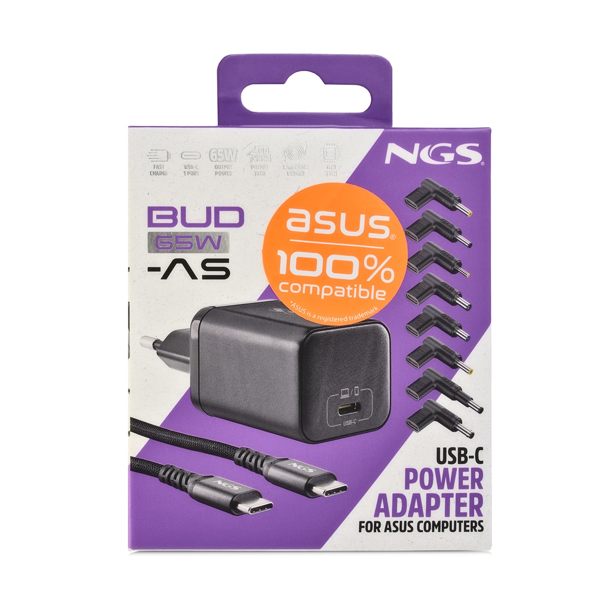 Pack de cargador de pared NGS GAN65W-C + cable USB-C + 5 clavijas para portátiles Asus Negro-14
