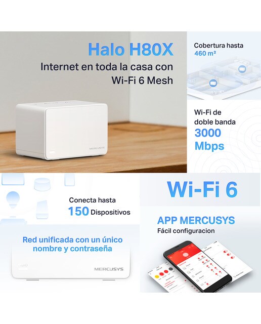Sistema Wi-Fi Mesh Mercusys Halo H80, AX3000 Doble Banda, MU-MIMO, Gigabit, (2 nodos) Blanco-3