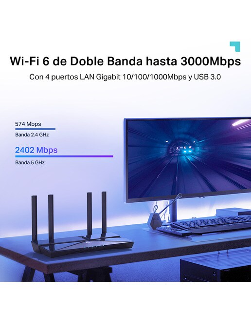 Router Wi-Fi 6 TP-Link Archer AX53, WiFi 6, 3000 Mbps, Doble Banda, 4 Antenas, 4 Puertos Gigabit - Negro Negro-5