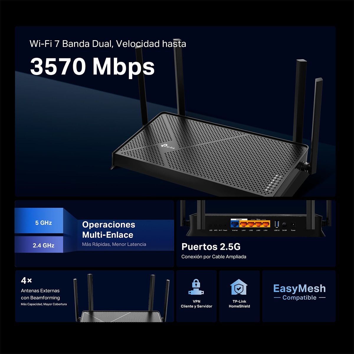 Router Wi-Fi 7 TP-Link Archer BE230, AX53, Wi-Fi 7, Doble Banda BE3600, 4 Antenas, 4 Puertos Gigabit Negro-3