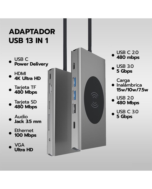 Hub Wireless Prolinx 13 en 1 USB C Gris metálico-2