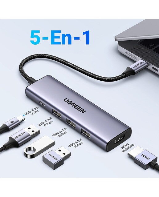 Hub USB-C UGREEN 5 en 1, 100W, HDMI hasta 4K@30Hz Gris-3