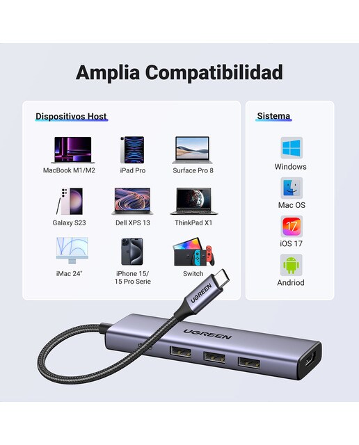 Hub USB-C UGREEN 5 en 1, 100W, HDMI hasta 4K@30Hz Gris-5