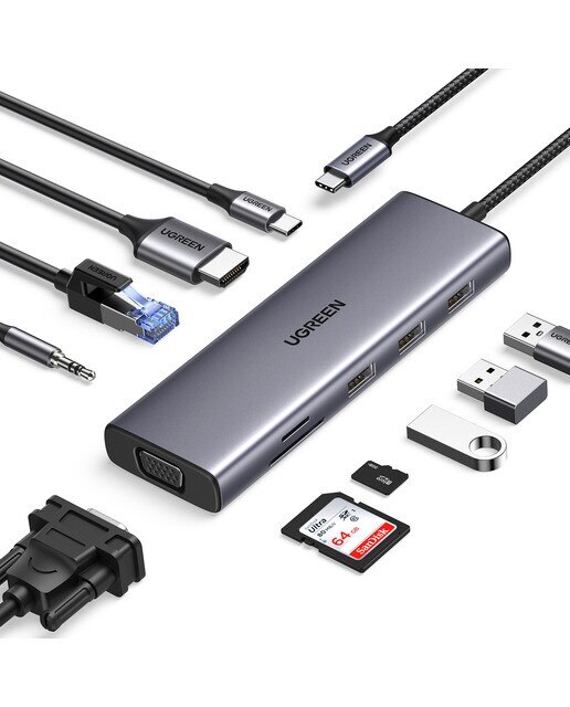 Hub USB-C UGREEN 10 en 1, 100W, HDMI hasta 4K@30Hz; 2K@60HZ; 1080P@120Hz Gris-2