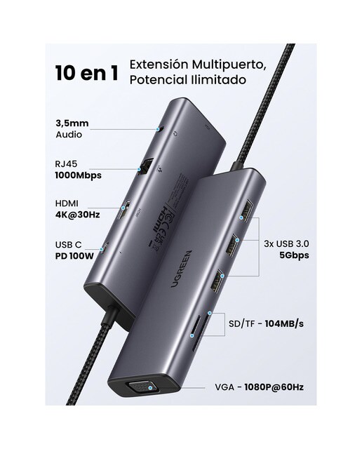Hub USB-C UGREEN 10 en 1, 100W, HDMI hasta 4K@30Hz; 2K@60HZ; 1080P@120Hz Gris-3