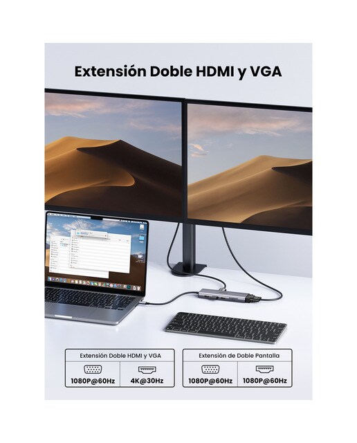 Hub USB-C UGREEN 10 en 1, 100W, HDMI hasta 4K@30Hz; 2K@60HZ; 1080P@120Hz Gris-5