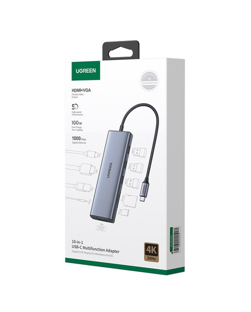 Hub USB-C UGREEN 10 en 1, 100W, HDMI hasta 4K@30Hz; 2K@60HZ; 1080P@120Hz Gris-6