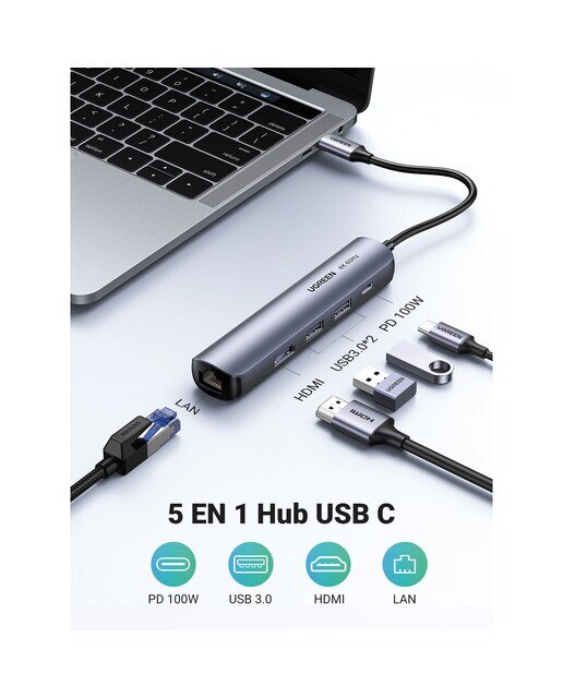 Hub USB-C UGREEN 5 en 1, 100W, HDMI hasta 4K@60Hz - Gris Gris-3