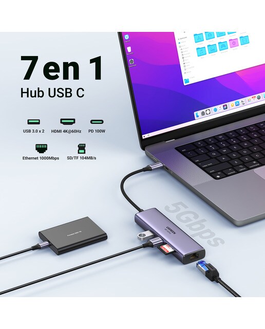Hub USB-C UGREEN 7 en 1, 100W, HDMI hasta 4K@60Hz Gris-3