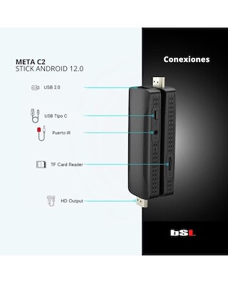 Stick Android BSL Meta C2 – Android 12, 2GB RAM 16GB ROM, WiFi 6, Bluetooth 5.0, 4K HDR AV1, HDMI 2.0 E USB-C, Telecomando Con Google Assistant