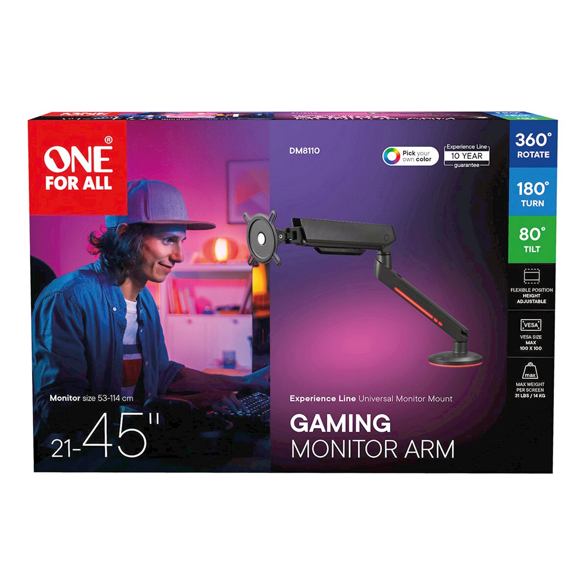 Brazo para Monitor Gaming Universal + RGB LED One For All DM 8110 Negro-2