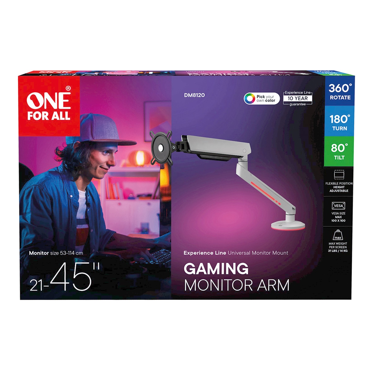 Brazo para Monitor Gaming Universal + RGB LED One For All DM 8120 Blanco-2