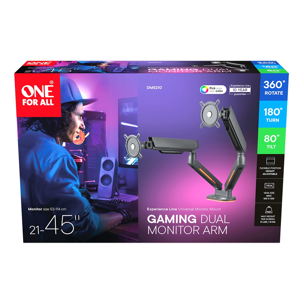 Brazo doble universal para Monitor Gaming + RGB LED One For All DM 8210 Negro-2