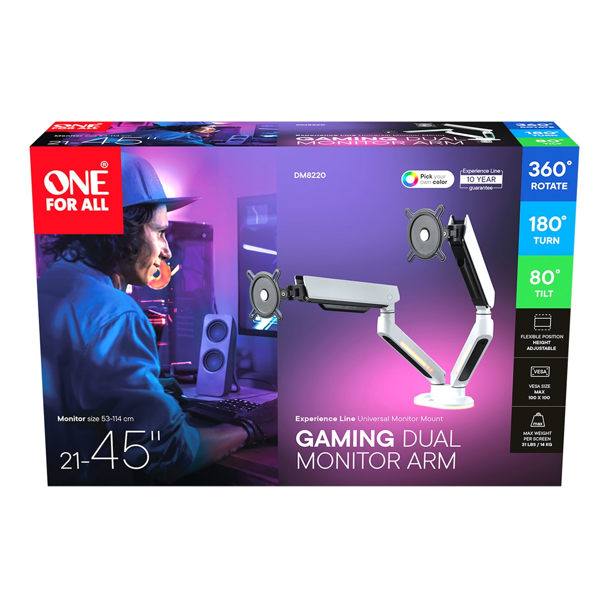 Brazo doble universal para Monitor Gaming + RGB LED One For All DM 8220 Blanco-2