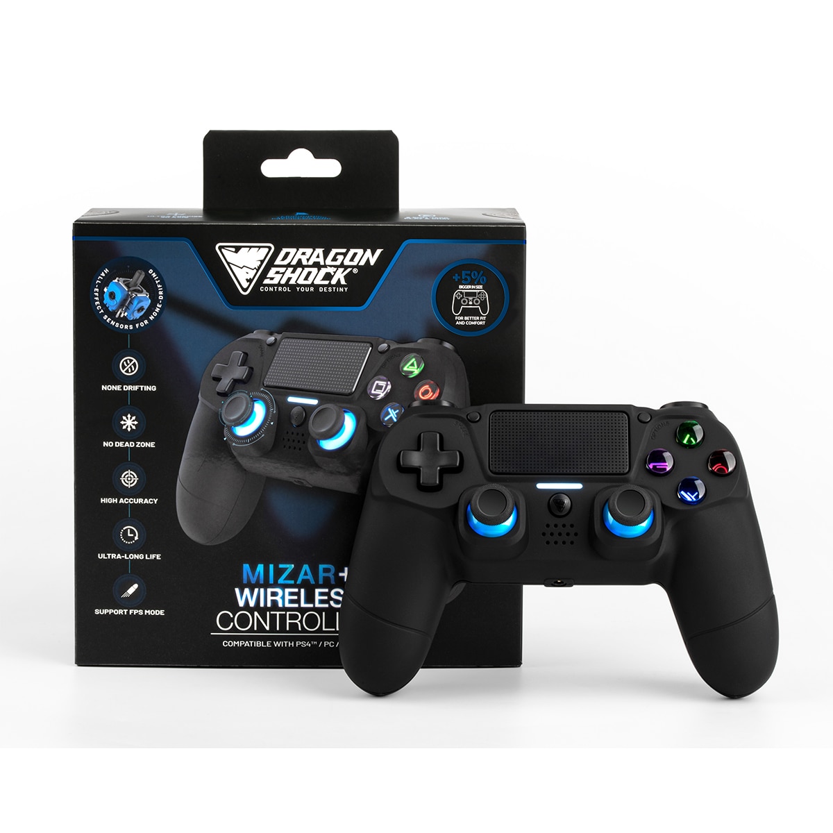 Mando inalámbrico DragonShock MIZAR+ para PS4 y PC Negro · El