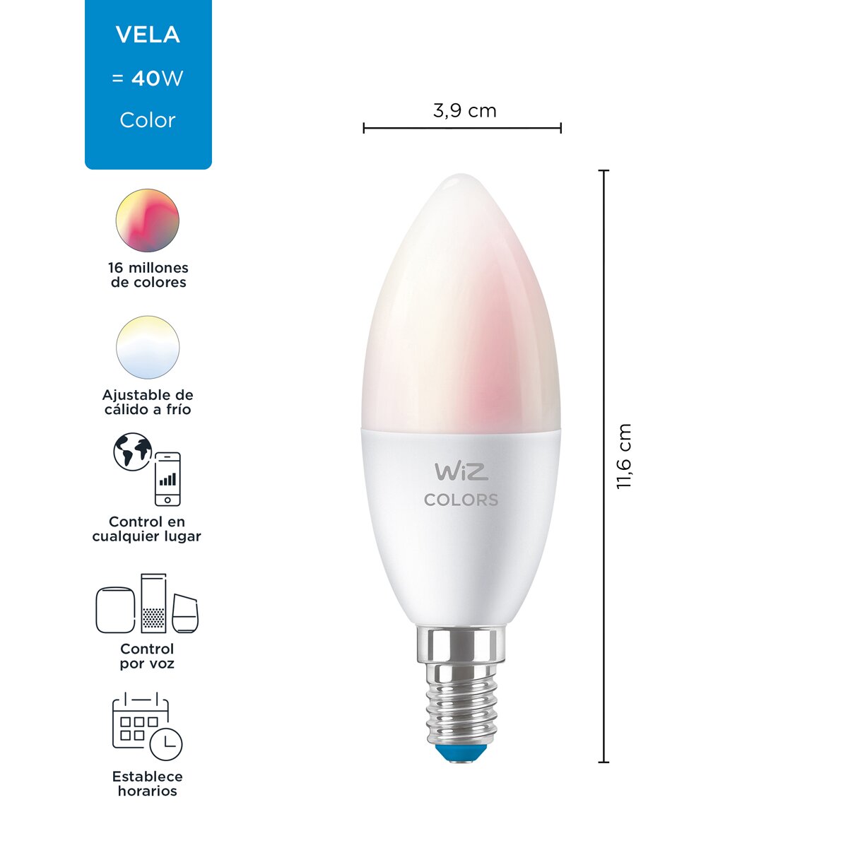 Lâmpada Inteligente Regulável WiZ Vela LED Cores 40W E14 WiFi e Bluetooth 2