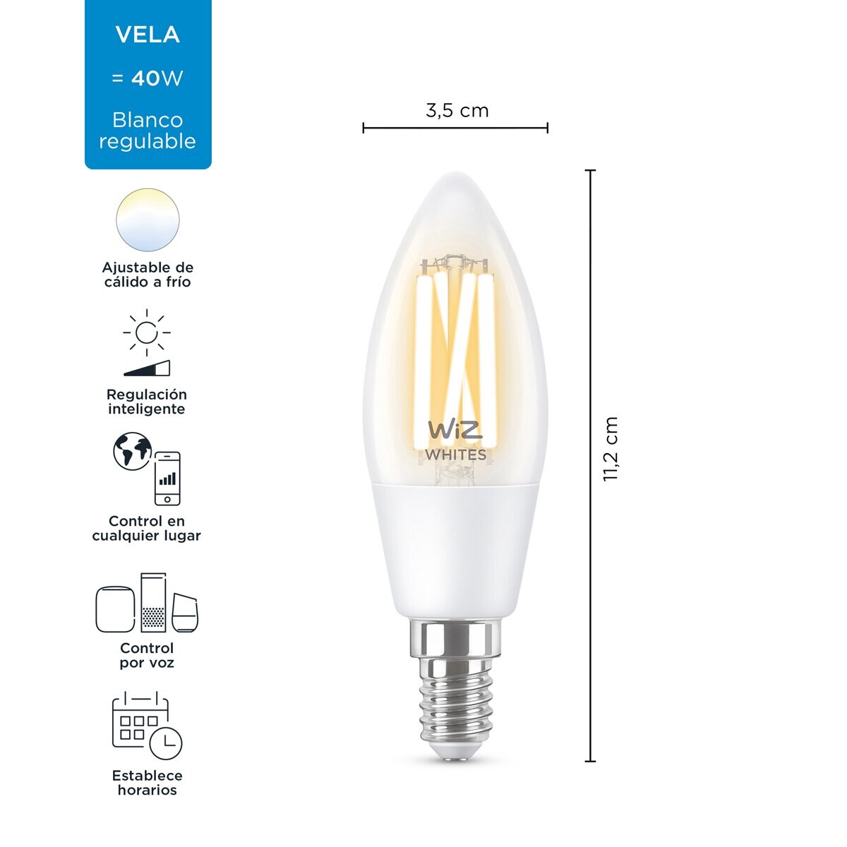 Bombilla inteligente WiZ LED Filamento Regulable Blancos Vela 40W E14 WiFi 2