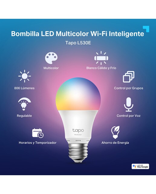 Bombilla LED inteligente TP-Link Tapo L530E, RGB, WiFi, 806Lm, Control por voz, Brillo regulable Multicolor Multicolor-2
