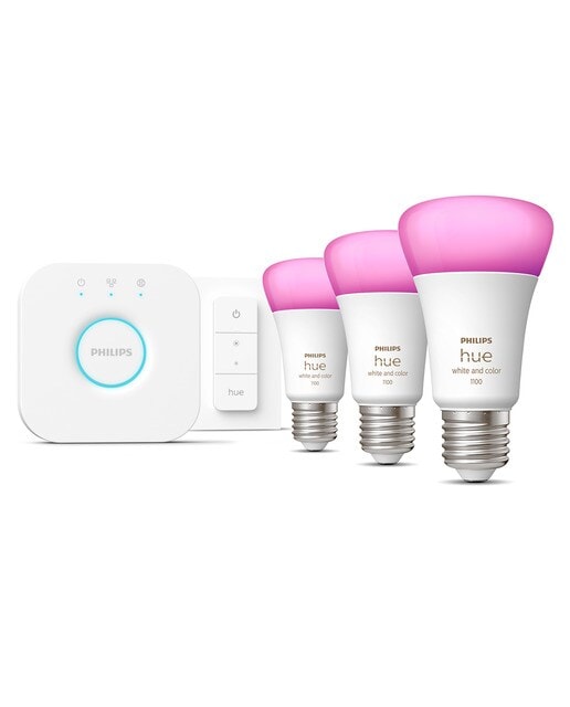 Kit de inicio Philips Hue White and Color Ambiance E27 (3 bombillas, puente Hue y un mando)