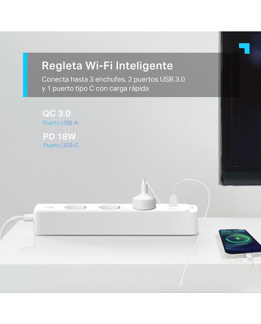 Regleta inteligente TP-Link Tapo P300, 3 tomas schuko, USB-C y USB-A Blanco-2