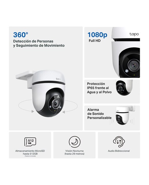 Cámara de vigilancia IP Tapo TC40, 1080p, Visión nocturna, Exterior IP65, Detección inteligente IA, 360º Blanco Blanco-3
