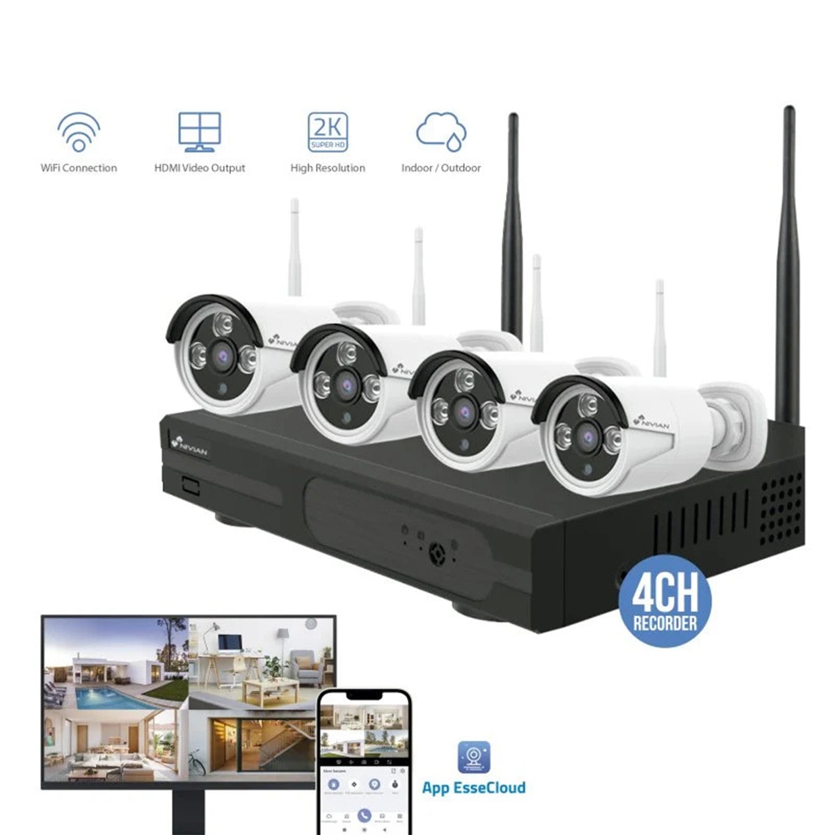 Kit de 4 cámaras de seguridad + grabador de seguridad Nivian Blanco-2