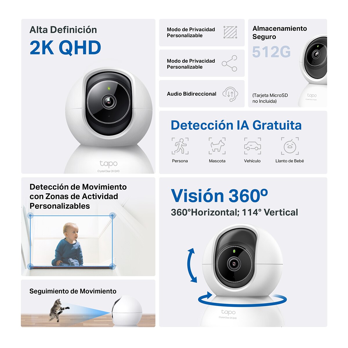 Cámara de Vigilancia 360º Tapo TC74, 3K 5MP, Rotatoria, Visión Nocturna, Detección IA Gratuita 2