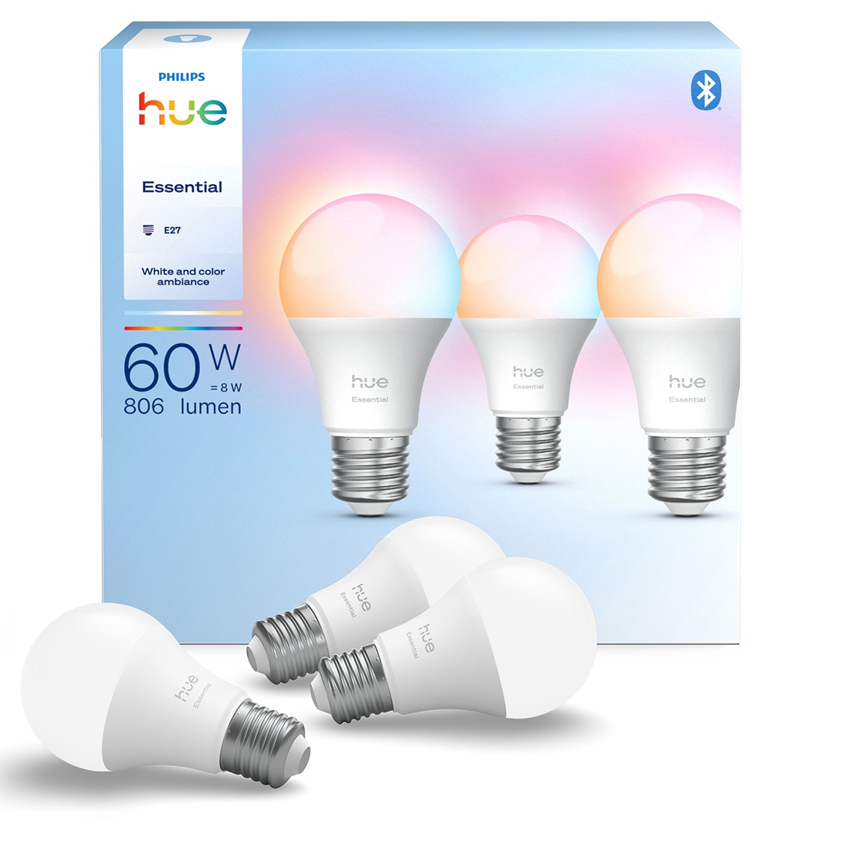 Bombilla inteligente LED Hue Essential 8W E27 A60, RGB, Regulable, Control App y Voz, Asistentes de voz, Pack de 3 2