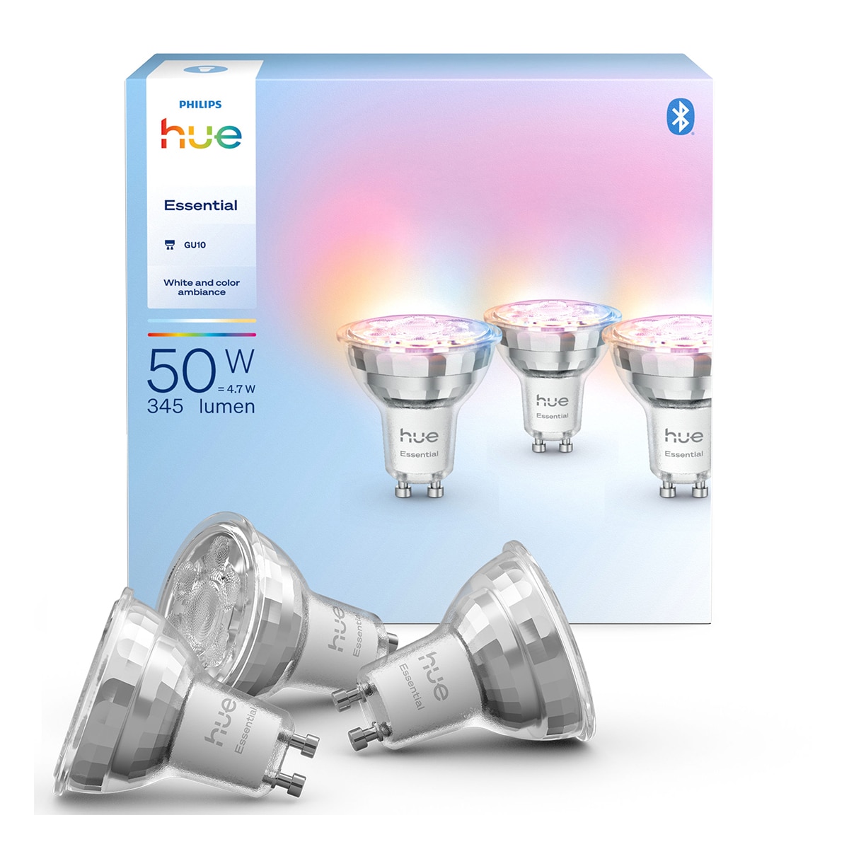Bombilla inteligente LED Foco Hue Essential 4.7W GU10, RGB, Regulable, Control App y Voz, Asistentes de voz, Pack de 3 2