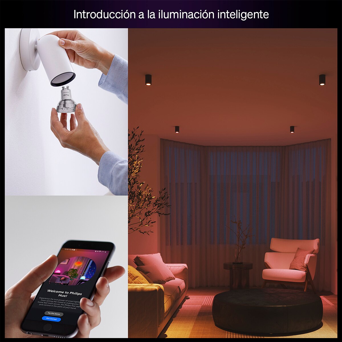 Bombilla inteligente LED Foco Hue Essential 4.7W GU10, RGB, Regulable, Control App y Voz, Asistentes de voz, Pack de 3 4