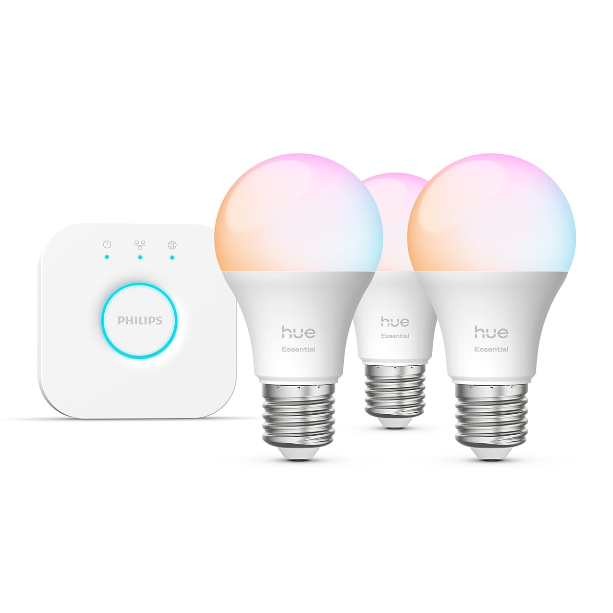 Imagen 0 de Bombilla inteligente LED Hue Essential: Pack 3 ud E27 8W + Hue Bridge, RGB, Regulable, Control App y Voz, Asistentes de voz