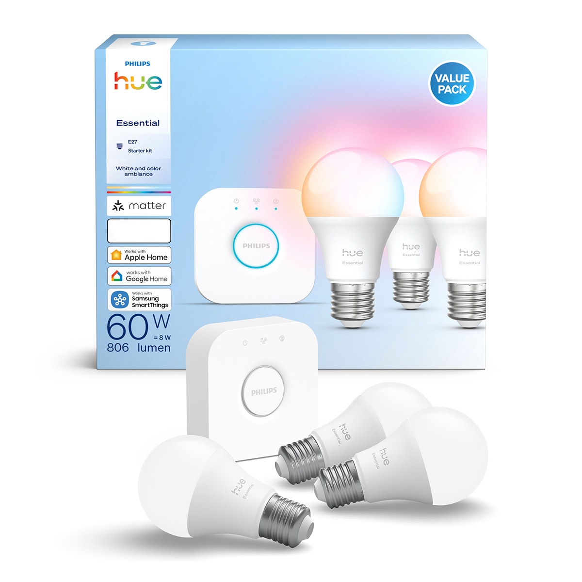 Bombilla inteligente LED Hue Essential: Pack 3 ud E27 8W + Hue Bridge, RGB, Regulable, Control App y Voz, Asistentes de voz 2