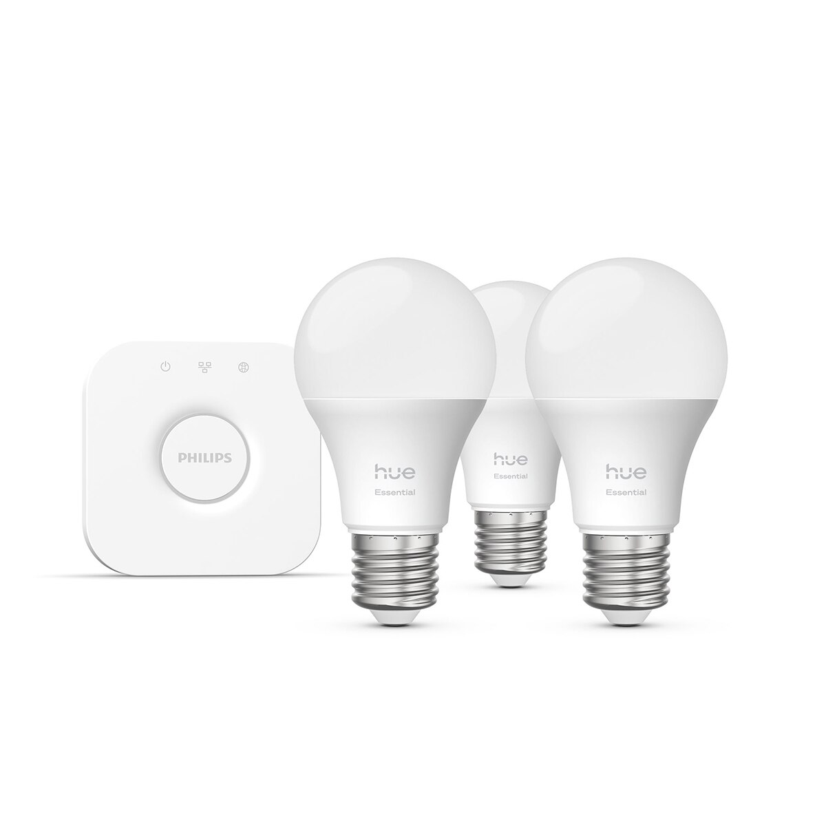 Bombilla inteligente LED Hue Essential: Pack 3 ud E27 8W + Hue Bridge, RGB, Regulable, Control App y Voz, Asistentes de voz 3