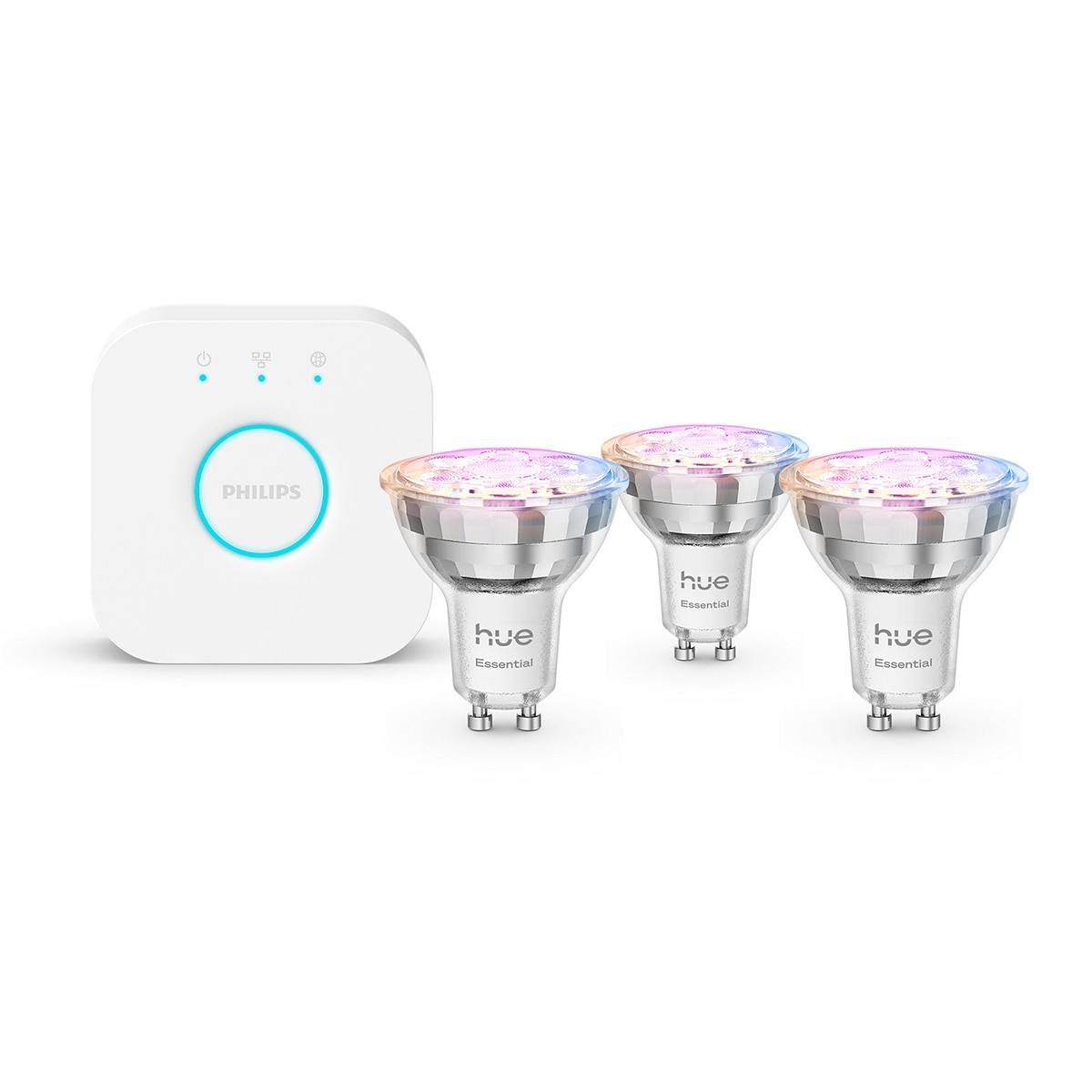 Imagen 0 de Bombilla inteligente LED Hue Essential: Pack 3 ud GU10 4.7W + Hue Bridge, RGB, Regulable, Control App y Voz, Asistentes de voz