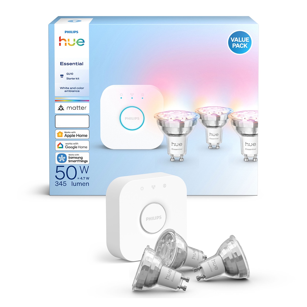 Bombilla inteligente LED Hue Essential: Pack 3 ud GU10 4.7W + Hue Bridge, RGB, Regulable, Control App y Voz, Asistentes de voz 2