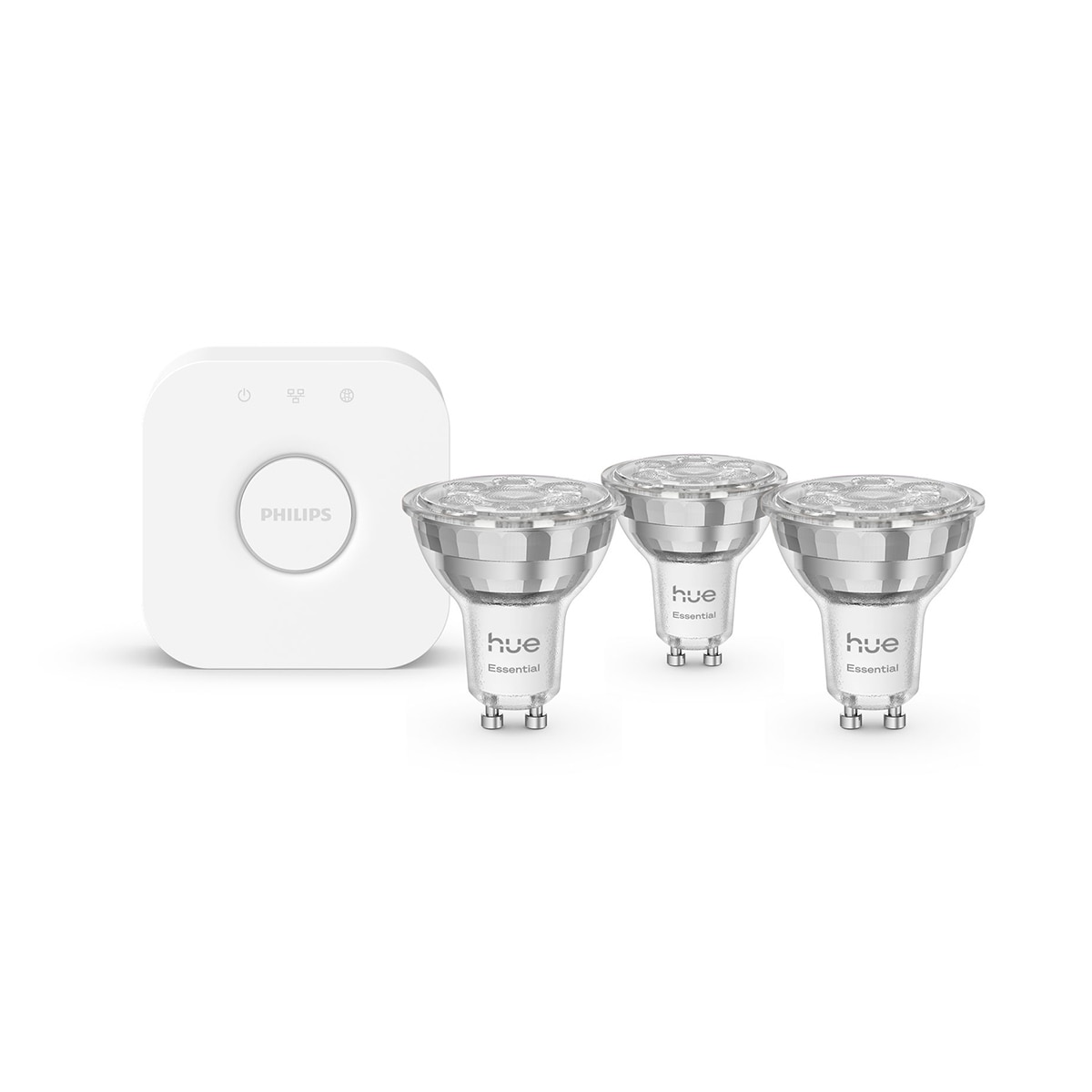 Bombilla inteligente LED Hue Essential: Pack 3 ud GU10 4.7W + Hue Bridge, RGB, Regulable, Control App y Voz, Asistentes de voz 3