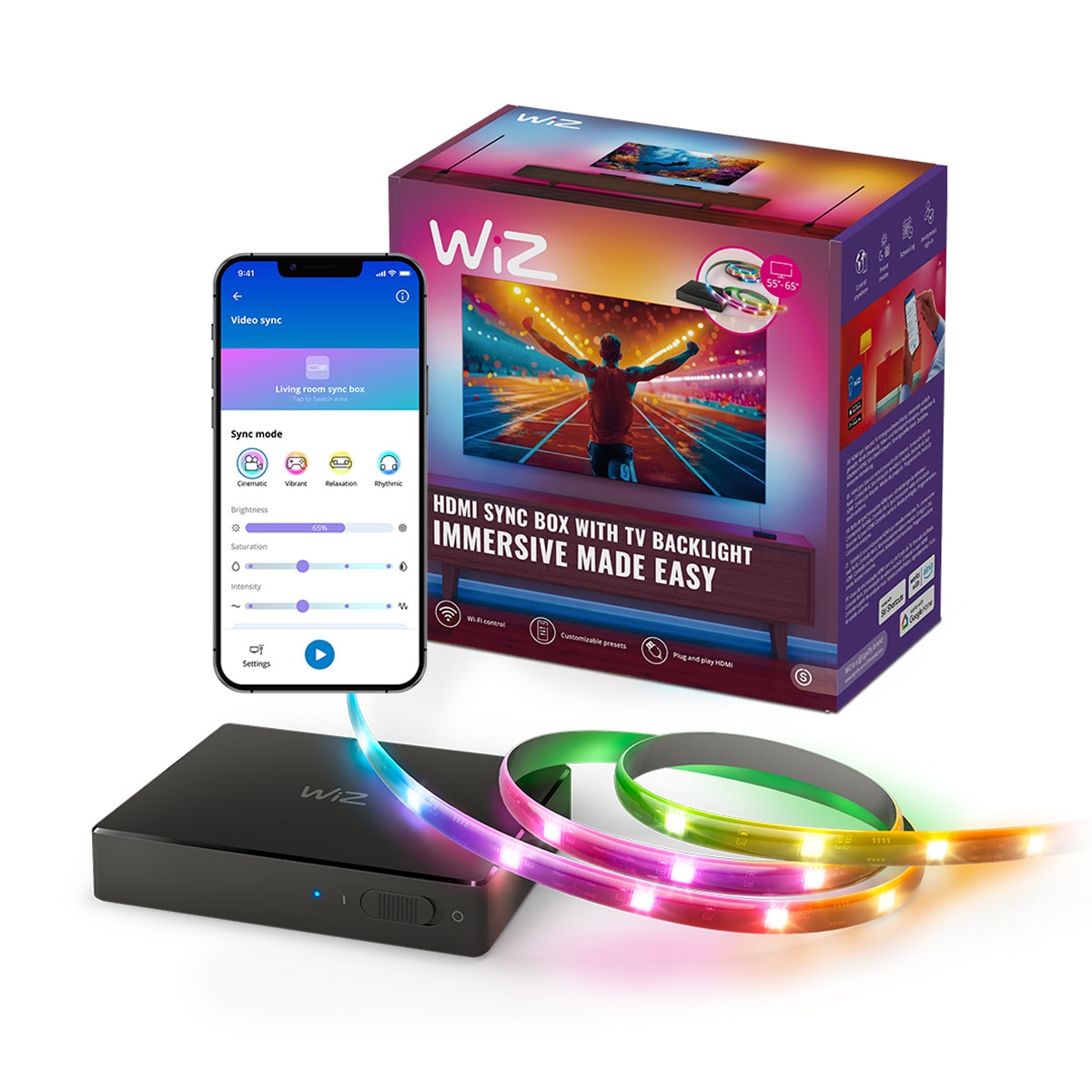 HDMI Sync Box + Tira LED RGBIC WiZ para TV 55"- 65"?, retroiluminación de TV, Soporta 4K, Sincroniza contenidos, Control App y Voz 2