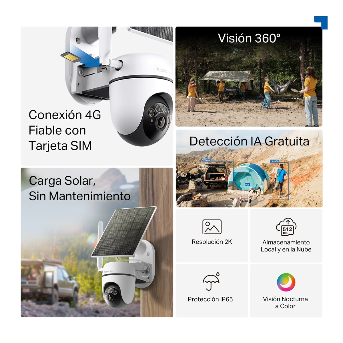 Cámara de vigilancia para exterior con Panel Solar y Batería Tapo C615G Kit, 2K, 360º, Detección IA, Visión Nocturna a Color, Alarma de Luz y Sonido 3
