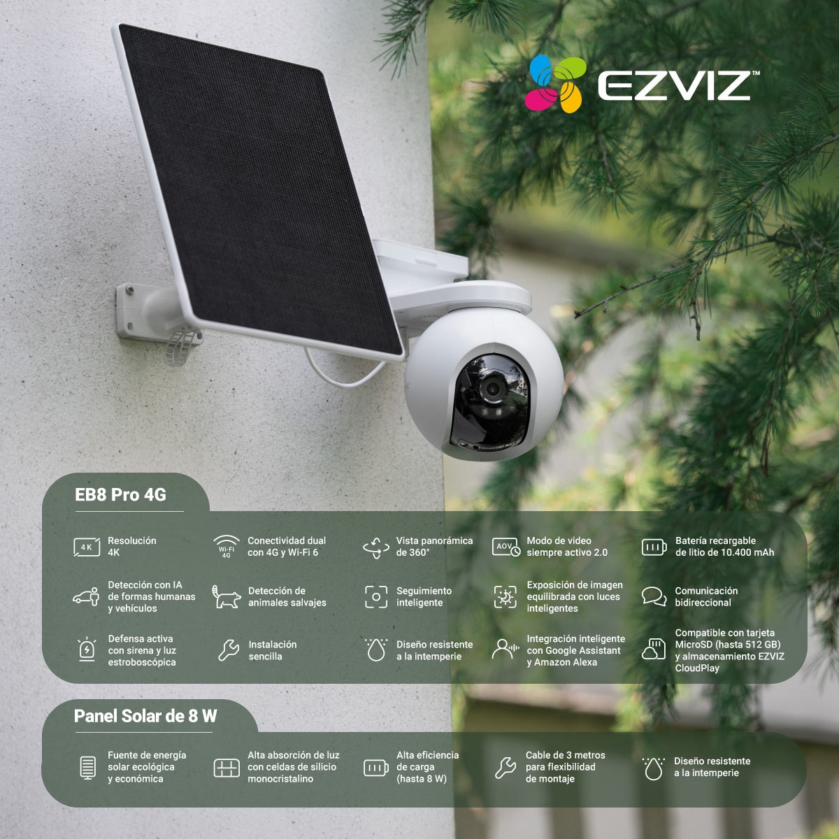 Kit de Cámara de vigilancia exterior Ezviz EB8 4G 2K con Panel solar, panorámica e inclinable con batería Blanco-11