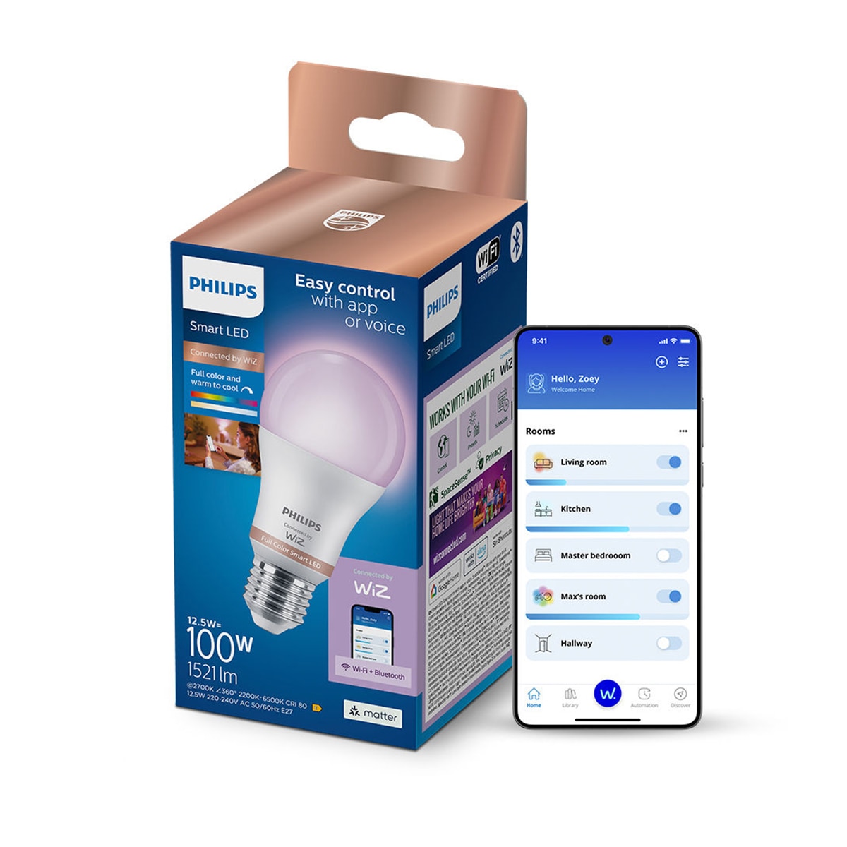 Bombilla Led inteligente Philips Smart Led E27, 100W, 1521lm, RGB, Wi-Fi, control vía app wiz 5