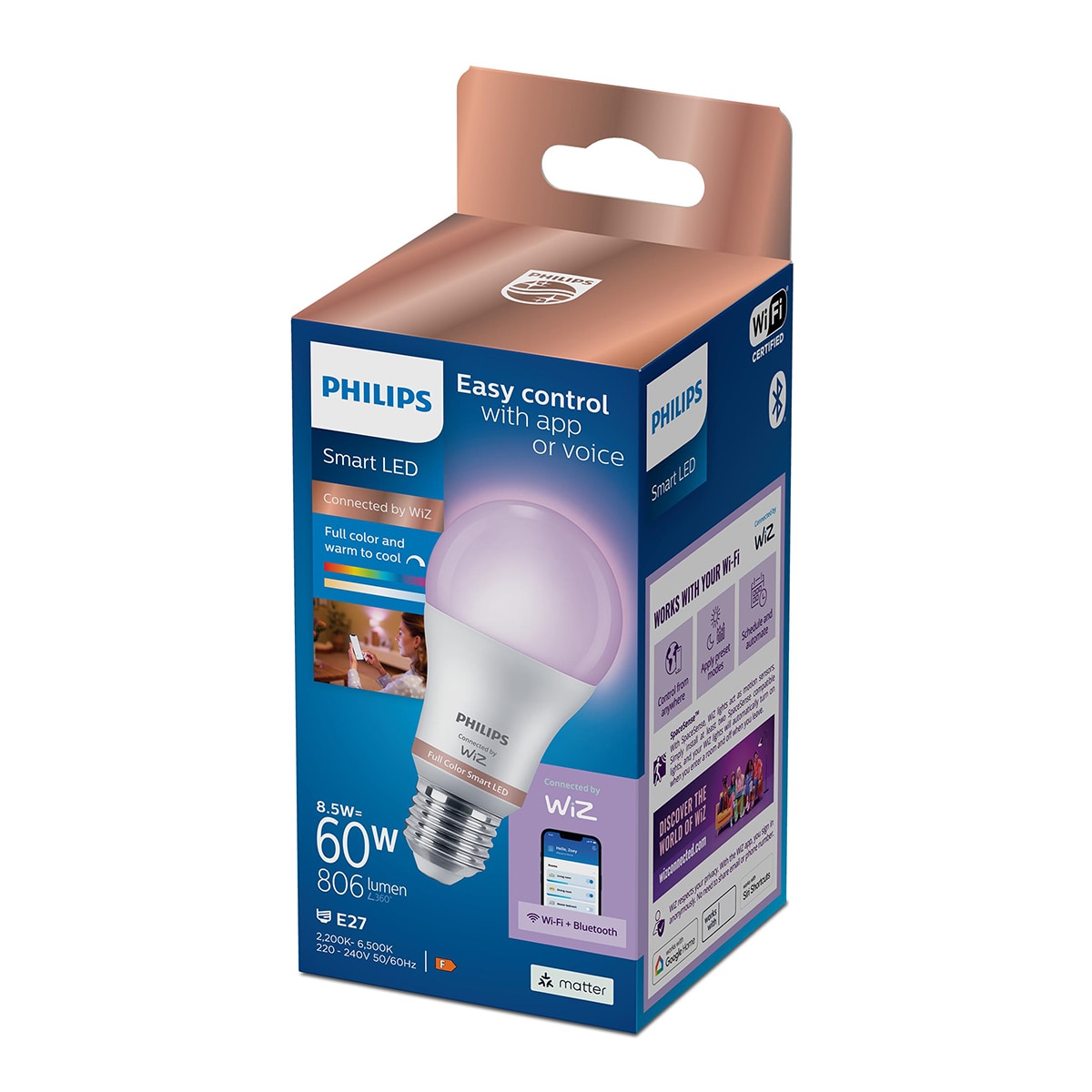 Bombilla Led inteligente Philips Smart Led E27, 60W, 806lm, RGB, Wi-Fi, control vía app wiz 3
