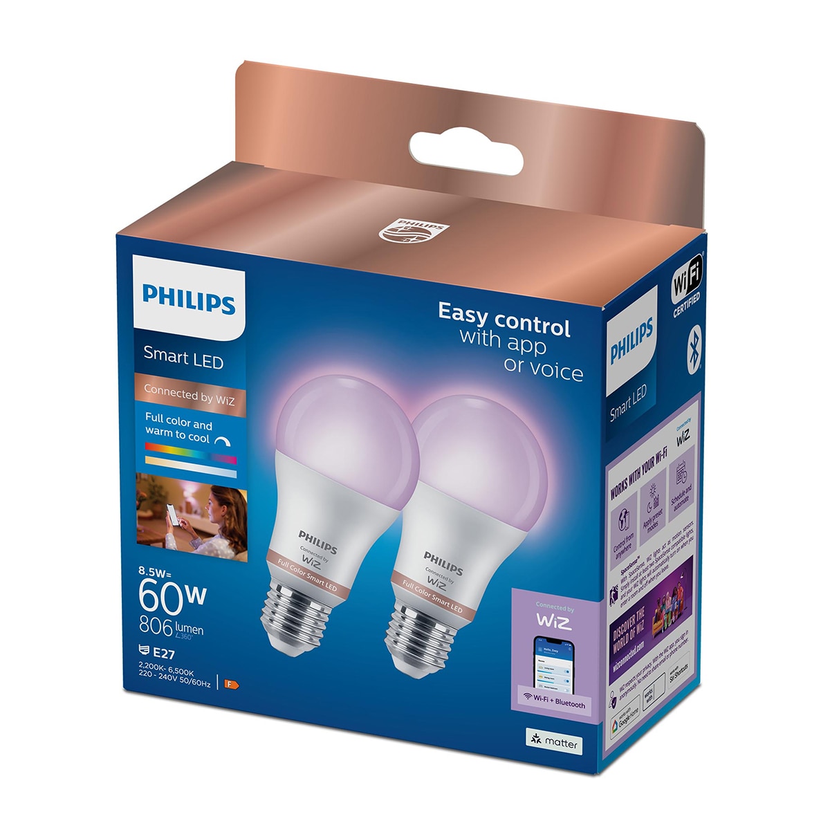 Bombilla Led inteligente Philips Smart Led E27 (2 unidades), 60W, 806lm, RGB, Wi-Fi, control vía app wiz 3