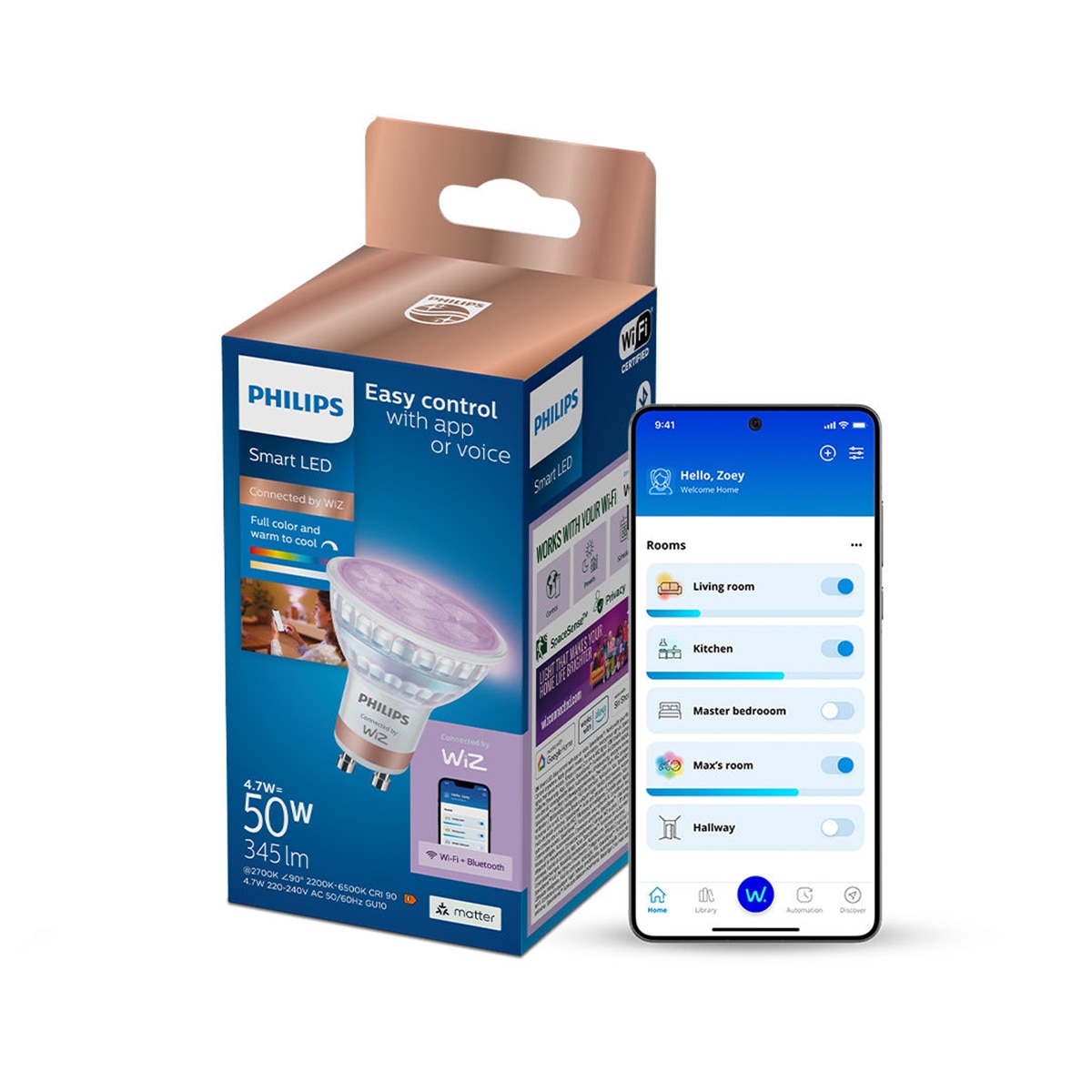 Bombilla Led inteligente Philips Smart Led, GU10, 50W, 400lm, RGB, Wi-Fi, control vía app wiz 4