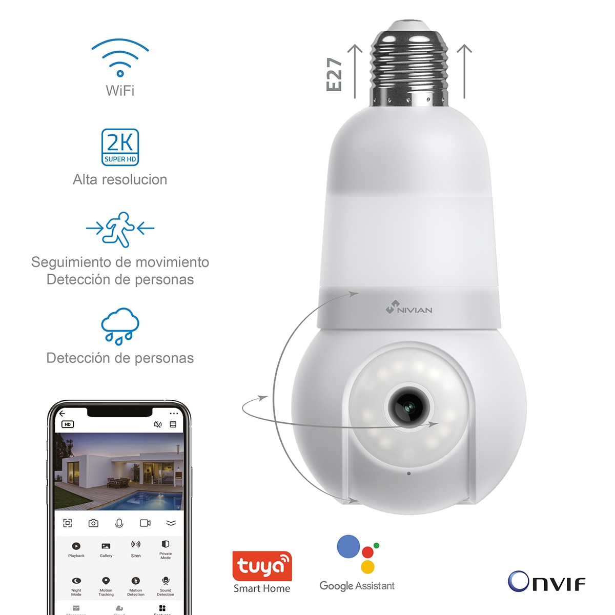 Imagen 2 de Cámara de vigilancia Nivian, tipo bombilla E-27, 2K, 360º, Wi-Fi - Blanco Blanco