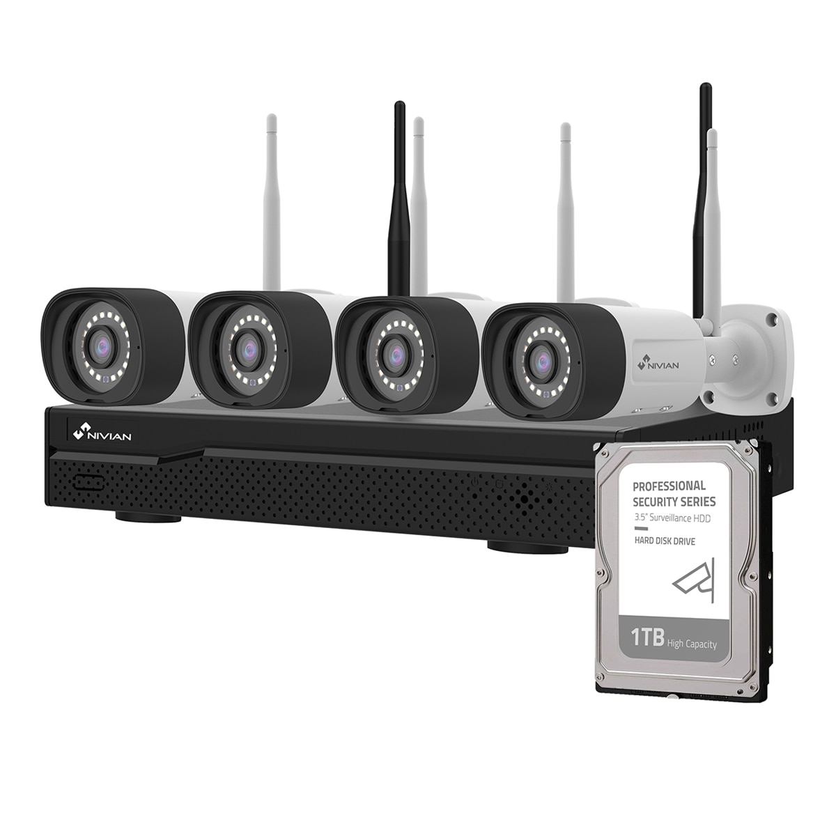 Imagen 1 de Kit de cámaras de vigilancia profesional Nivian, Wi-Fi, Super HD, 4 cámaras ip y grabador de disco 1TB Negro / Blanco